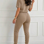 Women's 2-Piece Sporty Set Short Sleeve Half Zip Top and High Waisted Joggers Casual Lounge Outfit with Pockets