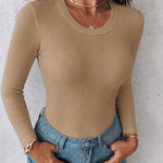Women's Crewneck Long Sleeve Ribbed Knit Top Slim Fit Base Layer Shirt Soft Stretchy Casual Tee with Built-in Bra
