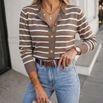 Women's Striped Knit Cardigan Casual Crewneck Button Down Sweater Vintage French Style Long Sleeve Top