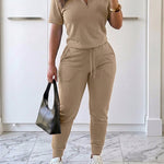 Women's 2-Piece Sporty Set Short Sleeve Half Zip Top and High Waisted Joggers Casual Lounge Outfit with Pockets
