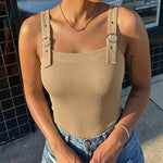 Women's Ribbed Knit Tank Top Square Neck Slim Fit Cami Top Adjustable Eyelet Strap Backless Top