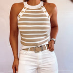 Women's Striped Halter Knit Tank Top Sleeveless Rib-Knit Camisole Gold Button Detail Slim Fit Summer Top