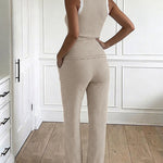 Women's 2 Piece Lace Trim Stripe Lounge Set Sleeveless Tank Top and Wide Leg Pants Set Rib Knit Pajamas Set with Pockets