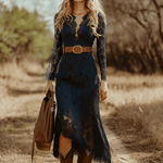 Vintage Bohemian Blue Lace Long Sleeve Midi Dress