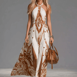 Vintage Bohemia Halter Neck Brown Western Print Off White Chiffon Split Maxi Dress