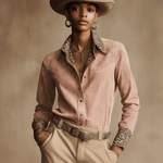 Western Retro Leopard Print Pink Faux Suede Long-Sleeve Shirt