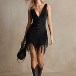 Western Retro Tassel Black Sleeveless V-Neck Faux Suede Mini Dress