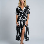 Phoebe Harrison | V-Neck Puff Sleeve Pleated Midi Dress For Women