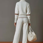 Retro Sporty Webbing Grey-white Half-zip Sweatshirt And Wide-leg Pants Set
