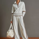 Retro Sporty Webbing Grey-white Half-zip Sweatshirt And Wide-leg Pants Set