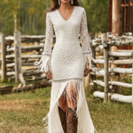 Retro White Lace V-neck Long Sleeve Tassel Short Front And Long Back Skirt Maxi Dress
