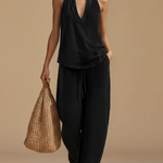 Casual Urban Style White Linen V-neck Sleeveless Top And Wide Leg Pants Set
