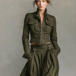 Women's Green Edgy 100% Cotton Zip - Front Cropped Jacket And Maxi Skirt Set