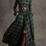 Retro Ethnic Style Lapel Reddish Brown Plaid Maxi Dress