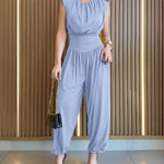 Padded Shoulders Sleeveless Cinched Waist Side High Slit Overalls Casual Hollow-out Back Ruched Jumpsuit