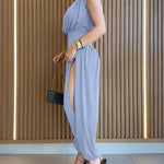 Padded Shoulders Sleeveless Cinched Waist Side High Slit Overalls Casual Hollow-out Back Ruched Jumpsuit