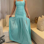 Women's Ruched Halter Tie Maxi Dress Elegant Backless High Slit Mermaid Hem Evening Party Gown