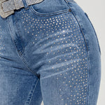 Rhinestone Decor High Waist Zipper Fly Skinny Jeans Washed Denim Pants without Belt