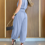 Padded Shoulders Sleeveless Cinched Waist Side High Slit Overalls Casual Hollow-out Back Ruched Jumpsuit