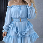 Women's Off Shoulder Frill Trim Mini A Line Dress Flowy Chiffon Ruffle Hem Party Dress with Belt & Built-In Shorts