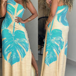 CHICME Women's Tropical Monstera Leaf Print One Shoulder Maxi Dress Side Slit Bodycon Dress with Pockets and Zipper