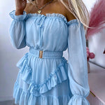 Women's Off Shoulder Frill Trim Mini A Line Dress Flowy Chiffon Ruffle Hem Party Dress with Belt & Built-In Shorts