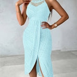 Halter Tie Criss Cross Front Ruched Knit Jacquard Textured Slit Dress Casual Hollow-out Draped Vacation Dress