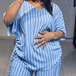 Women's Striped 2 Piece Outfits V Neck Short Sleeve Drawstring Top and Wide Leg Pants Set with Pockets