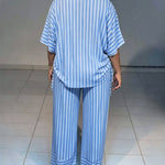Women's Striped 2 Piece Outfits V Neck Short Sleeve Drawstring Top and Wide Leg Pants Set with Pockets