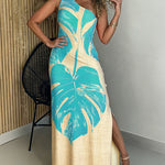 CHICME Women's Tropical Monstera Leaf Print One Shoulder Maxi Dress Side Slit Bodycon Dress with Pockets and Zipper