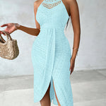 Halter Tie Criss Cross Front Ruched Knit Jacquard Textured Slit Dress Casual Hollow-out Draped Vacation Dress