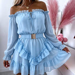 Women's Off Shoulder Frill Trim Mini A Line Dress Flowy Chiffon Ruffle Hem Party Dress with Belt & Built-In Shorts