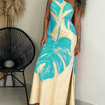 CHICME Women's Tropical Monstera Leaf Print One Shoulder Maxi Dress Side Slit Bodycon Dress with Pockets and Zipper