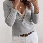 Women's Ribbed Henley Long Sleeve Top Slim Fit Base Layer Tee