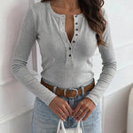 Women's Ribbed Henley Long Sleeve Top Slim Fit Base Layer Tee
