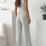 Women's Striped 2 Piece Set Sleeveless Button Knit Top and Elastic Drawstring Pants Casual Loungewear