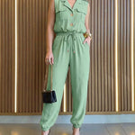 Notched Collar Sleeveless Button Front Stretchy Drawstring Waist Overalls Casual Flap Pockets Design Cuffed Jumpsuit