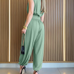 Padded Shoulders Sleeveless Cinched Waist Side High Slit Overalls Casual Hollow-out Back Ruched Jumpsuit