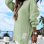 Letter Patch Detail Long Sleeve Drop Shoulder Pullover Sweatshirt Casual Zipper Side Slit Top
