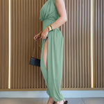 Padded Shoulders Sleeveless Cinched Waist Side High Slit Overalls Casual Hollow-out Back Ruched Jumpsuit
