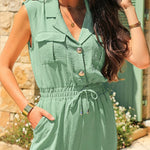 Notched Collar Sleeveless Button Front Stretchy Drawstring Waist Overalls Casual Flap Pockets Design Cuffed Jumpsuit