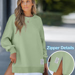 Letter Patch Detail Long Sleeve Drop Shoulder Pullover Sweatshirt Casual Zipper Side Slit Top
