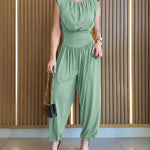 Padded Shoulders Sleeveless Cinched Waist Side High Slit Overalls Casual Hollow-out Back Ruched Jumpsuit