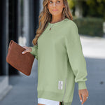 Letter Patch Detail Long Sleeve Drop Shoulder Pullover Sweatshirt Casual Zipper Side Slit Top