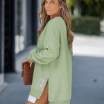 Letter Patch Detail Long Sleeve Drop Shoulder Pullover Sweatshirt Casual Zipper Side Slit Top