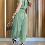 Padded Shoulders Sleeveless Cinched Waist Side High Slit Overalls Casual Hollow-out Back Ruched Jumpsuit