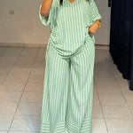 Women's Striped 2 Piece Outfits V Neck Short Sleeve Drawstring Top and Wide Leg Pants Set with Pockets