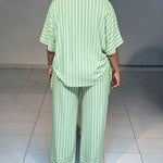 Women's Striped 2 Piece Outfits V Neck Short Sleeve Drawstring Top and Wide Leg Pants Set with Pockets