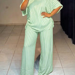 Women's Striped 2 Piece Outfits V Neck Short Sleeve Drawstring Top and Wide Leg Pants Set with Pockets
