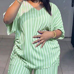 Women's Striped 2 Piece Outfits V Neck Short Sleeve Drawstring Top and Wide Leg Pants Set with Pockets